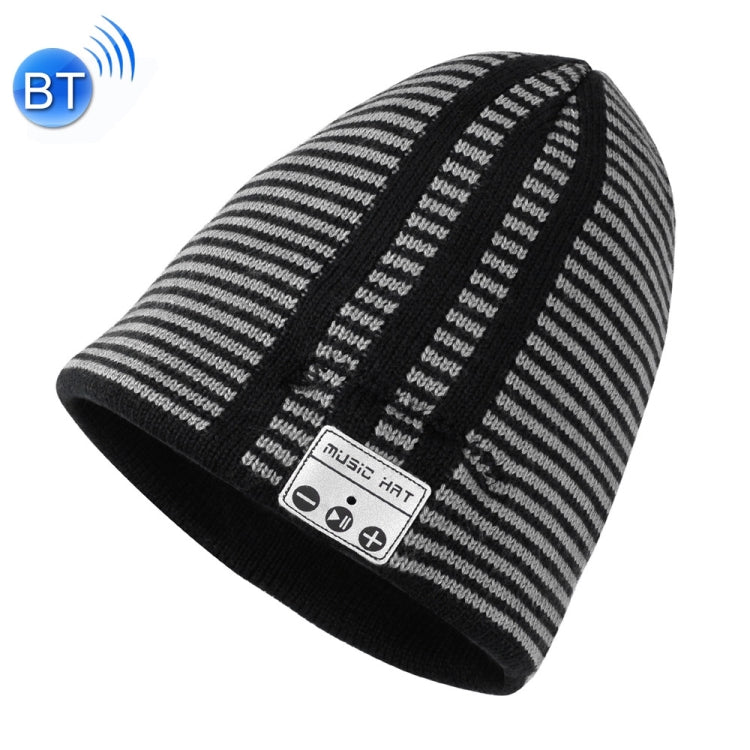 Black and gray striped knit beanie with fold-over cuff and small control patch