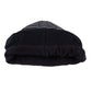 Black knit beanie with ribbed fold-over cuff, striped panel on top