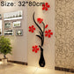 Black vase wall sticker with red flowers and curved branch, decorative hallway wall decal