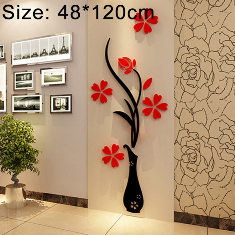 Tall black vase wall decal with red blossoms and swirling branch design