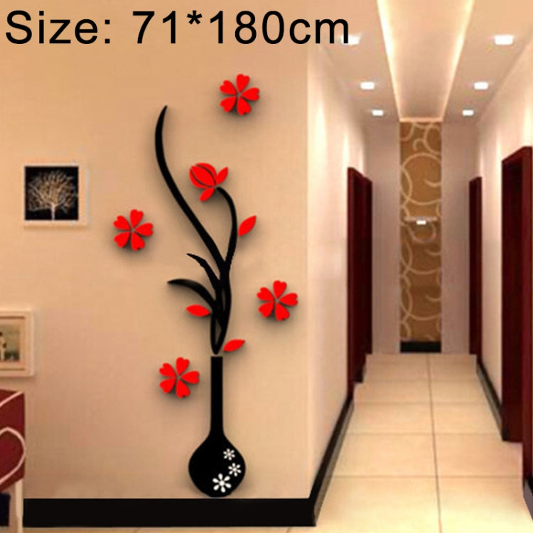 Black vase wall sticker with red flowers arranged along curved branch design