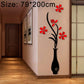 Black vase silhouette wall sticker with red blossoms and branches, acrylic 3D stereo decal
