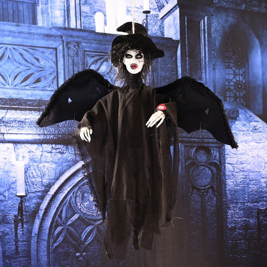 Black hanging Halloween ghost decoration with wide black hat, tattered cape, pale face mask