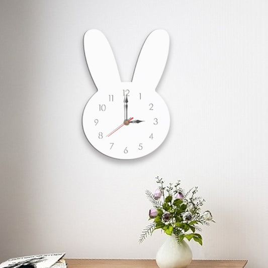 Rabbit-shaped wall clock with white face, black numerals, red second hand
