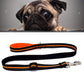 Reflective nylon pet dog leash with orange trim and black strap; metal clasp hardware.