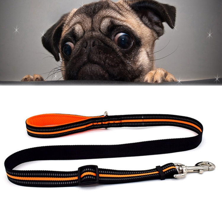 Reflective nylon pet dog leash with orange trim and black strap; metal clasp hardware.
