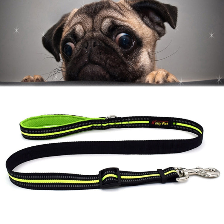 Reflective nylon pet dog leash with green trim and black handle strap; metal clasp.