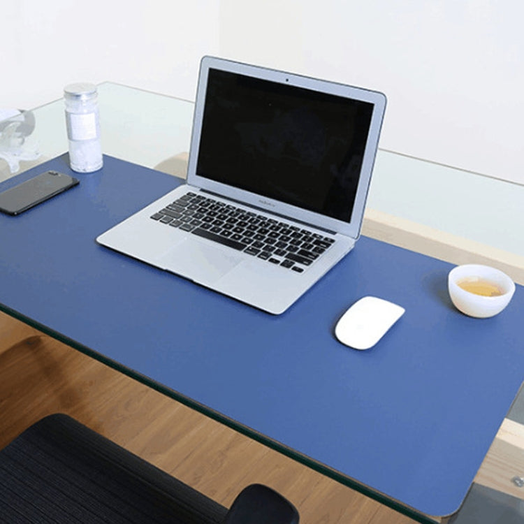 Blue PU leather desk mat for keyboard and mouse, smooth double-sided surface