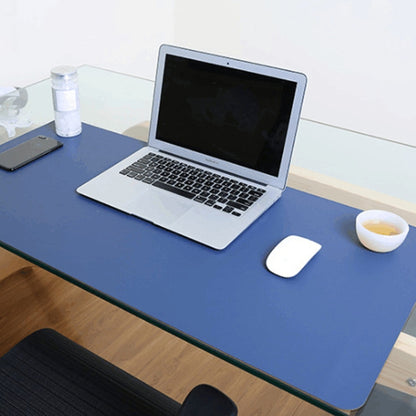 Blue PU leather desk mat for keyboard and mouse, smooth double-sided surface