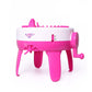 Pink and white tabletop knitting machine toy with handle and yarn guide