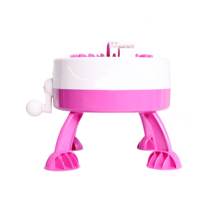 Pink-and-white kids knitting machine toy with four legs and side knob