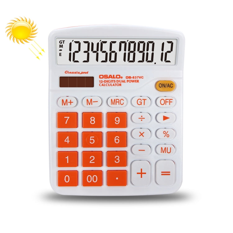 Desktop calculator with large LCD display and colorful orange button keypad