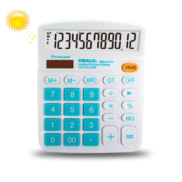 Desktop calculator with blue keypad buttons and large LCD display on white casing