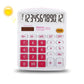Desktop calculator with rose red keypad buttons and LCD display on white body