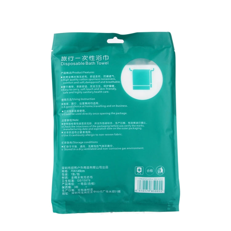 Disposable travel cotton bath towel pouch, back view with instructions and barcode