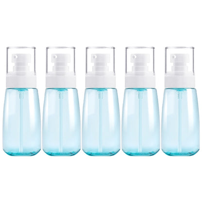 Five 60ml translucent plastic travel bottles with white pump sprayers, filled blue