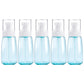 Set of five 60ml translucent plastic travel bottles with white pump sprayers, blue liquid
