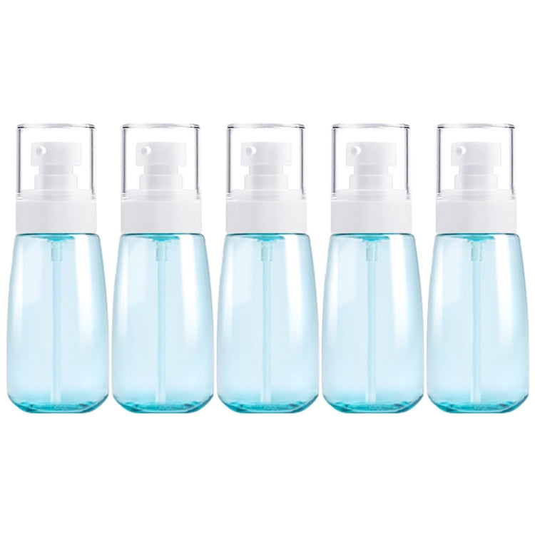 Set of five 60ml translucent plastic travel bottles with white pump sprayers, blue liquid