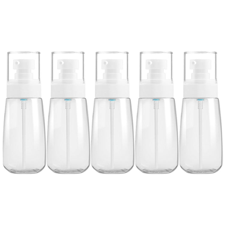 Five clear translucent 60ml plastic travel bottles with white pump sprayers
