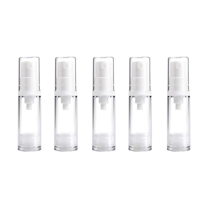 5-piece clear airless spray bottle set with white mist pump heads, 5 ml each