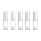 Five clear mist spray bottles with white pump tops and airless squeeze-style design