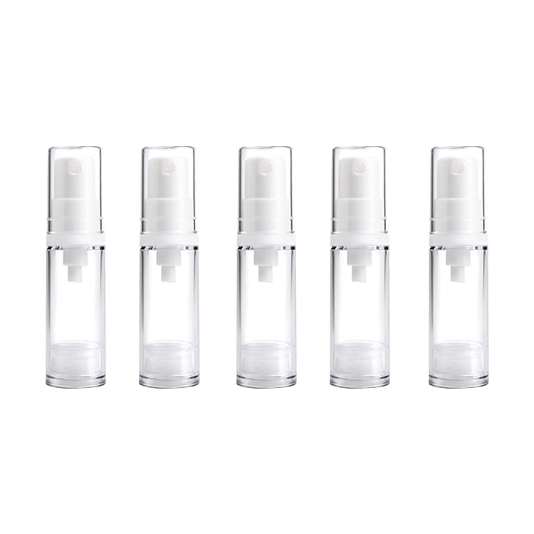 Five clear mist spray bottles with white pump tops and airless squeeze-style design