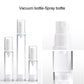 Assorted size vacuum-style airless spray bottles with white mist pump tops