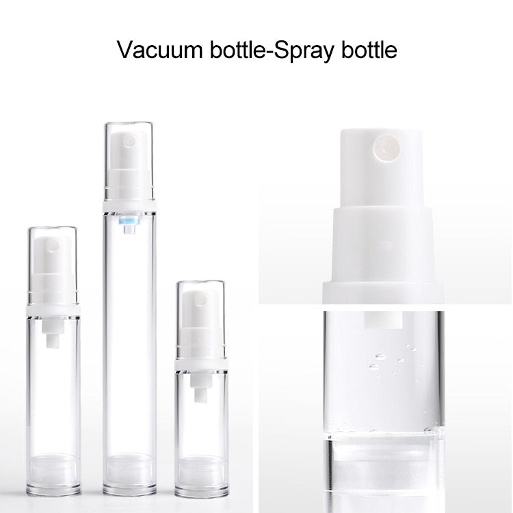 Assorted size vacuum-style airless spray bottles with white mist pump tops