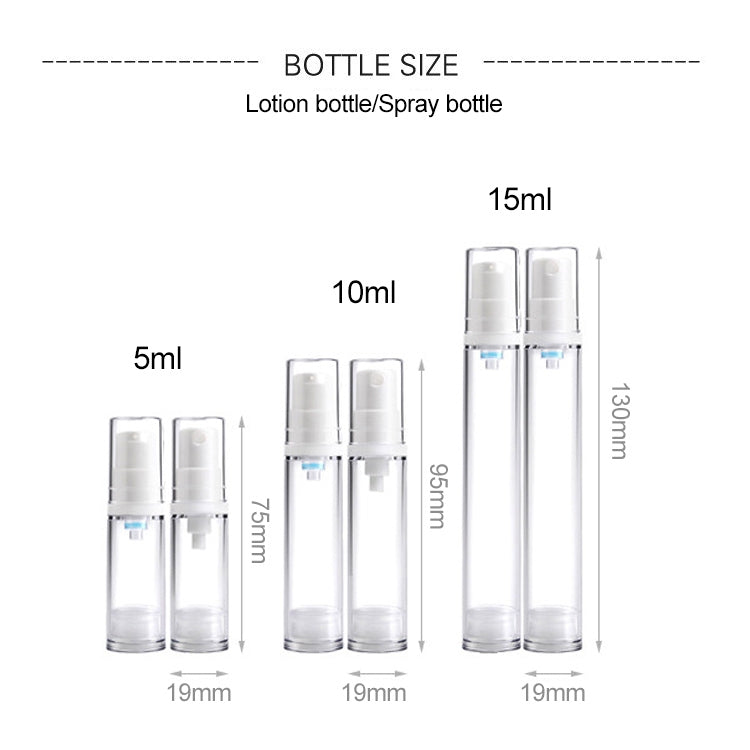 Clear airless lotion/spray bottles with white pump heads in 5 ml size