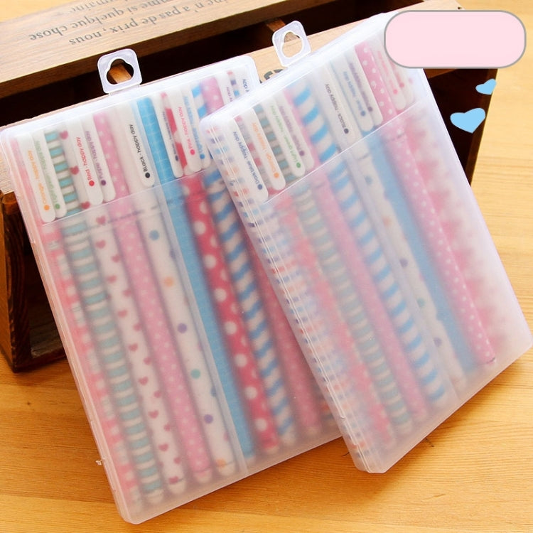 Clear pen case with multiple 0.5mm gel pens, striped and dotted floral patterns