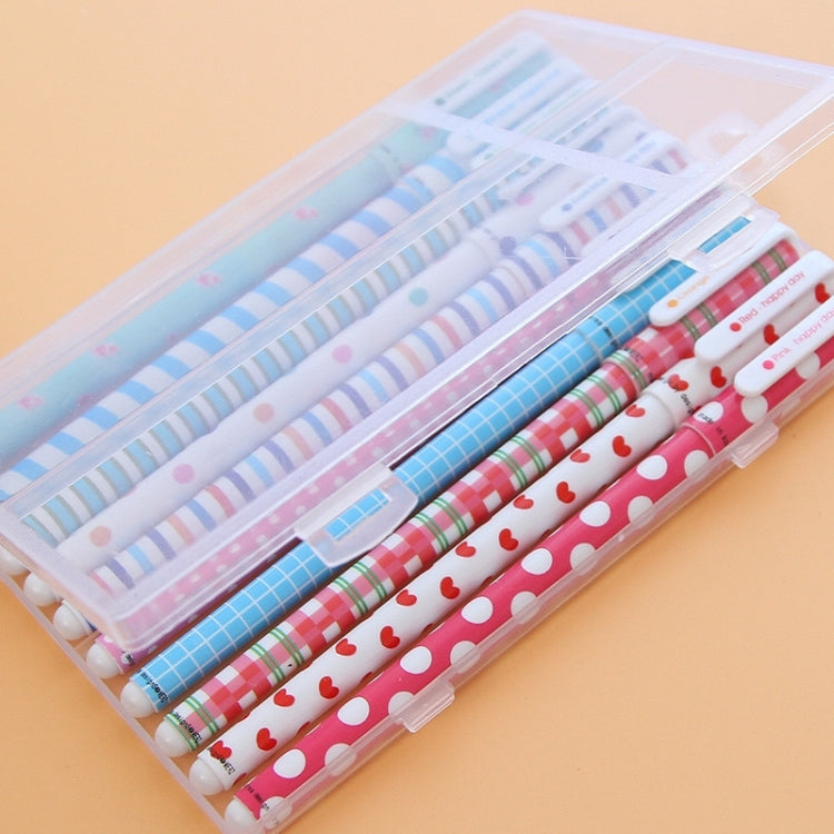 Pack of 0.5mm gel pens in clear box with stripes, dots, and heart motifs