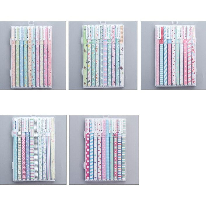 Assorted 0.5mm gel pens in clear cases with pastel striped and floral designs
