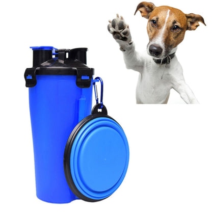 Blue portable pet water and food cup with folding bowl and black latch lid