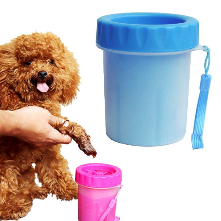 Blue pet foot cleaning cup with lid and carrying strap, size S
