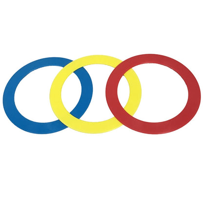 Three juggling rings in blue, yellow, and red, nested together for kids practice