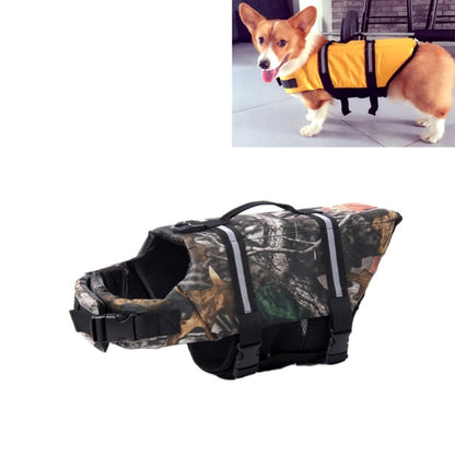 Camouflage dog life vest with black straps and light striping, XS