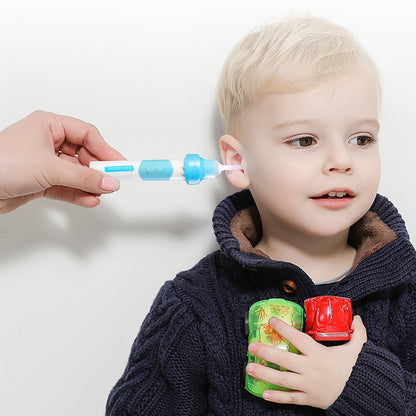 Children's electric ear-cleaner device with blue nozzle held near child's ear