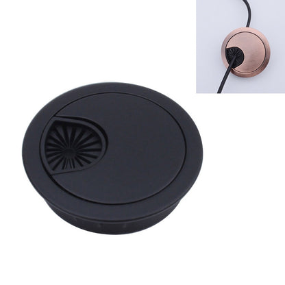 Round desk cable hole cover with black center vent and hinged access flap