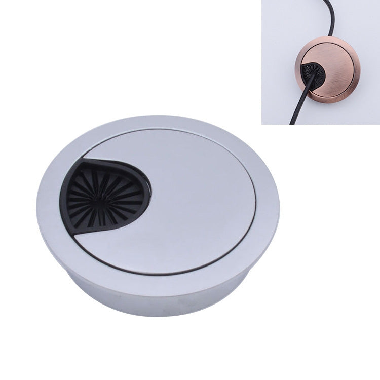 Round desk cable hole cover with silver finish and black vent insert