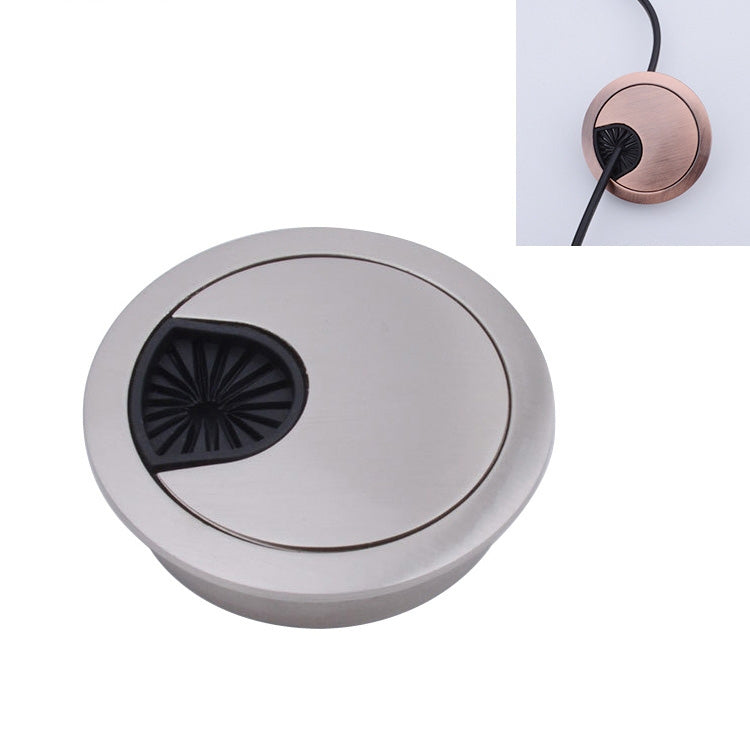 Round desk cable hole cover with silver finish and oval cable opening