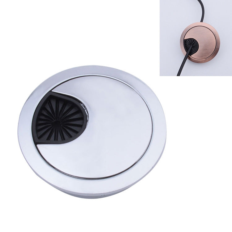 Round desk cable hole cover, silver body with black vent insert and oval flap