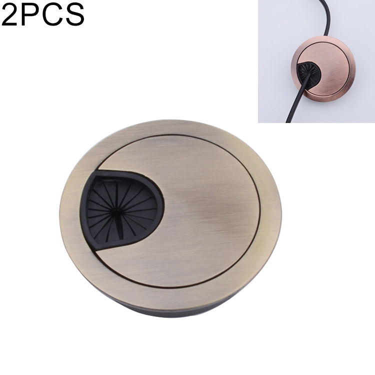Round 60mm zinc alloy desk grommet cover in brass/gold with black vented cable opening insert
