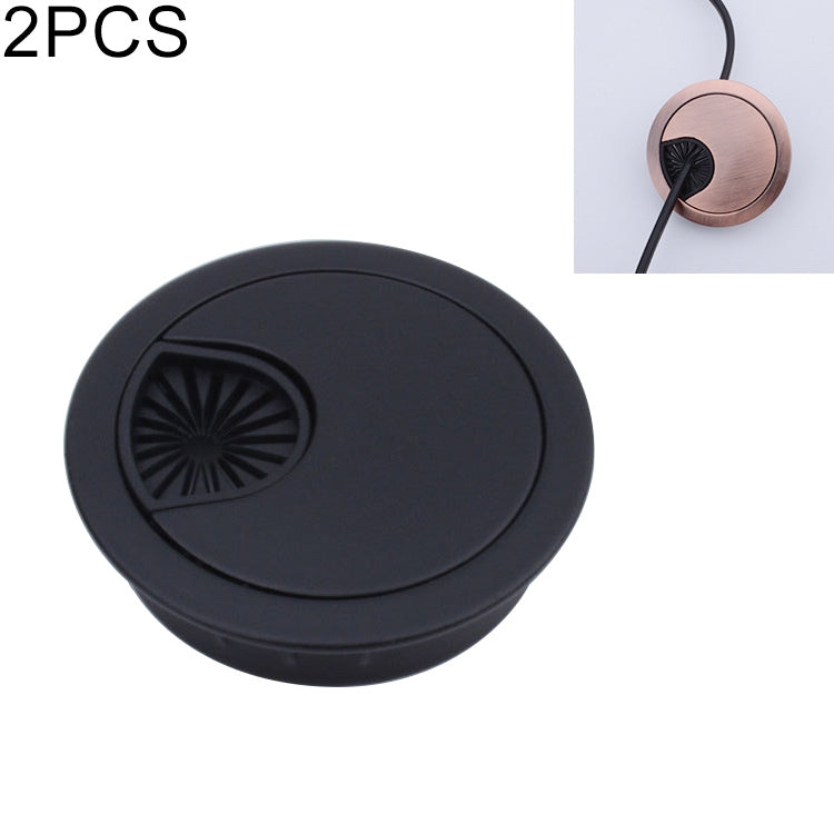 Round 60mm zinc alloy desk grommet cover in black with black vented cable opening insert