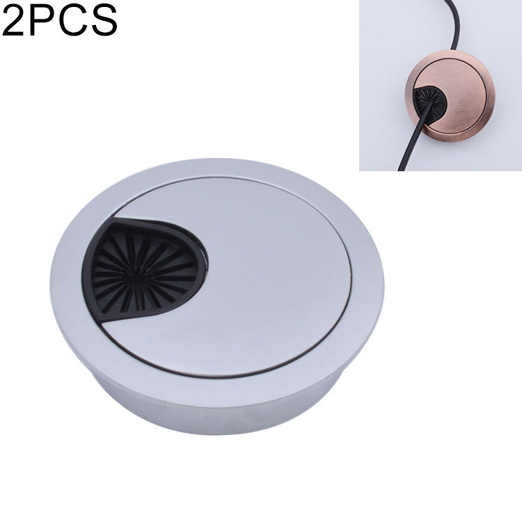 Round 60mm zinc alloy desk grommet cover in light silver with black vented cable opening