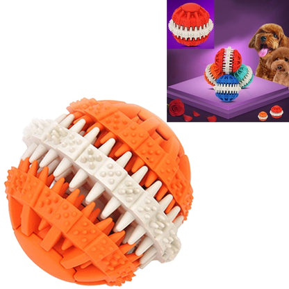 Small orange dog tooth-cleaning rubber ball toy with white ridged bristles
