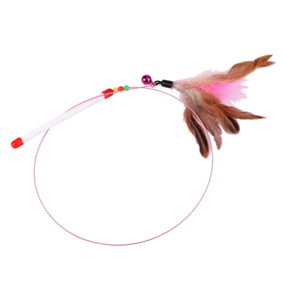Steel wire pet teasing wand with brown and pink feather tips on pink cord