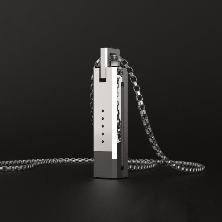 Silver-tone rectangular magnetic pendant with linked chain, upright view