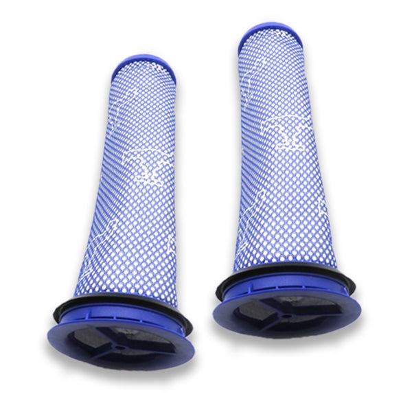 Pair of Dyson vacuum pre-filters: two blue mesh cylinders with base caps