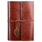 Brown faux-leather travel diary notebook with embossed leaves and hanging leaf charm tied strap