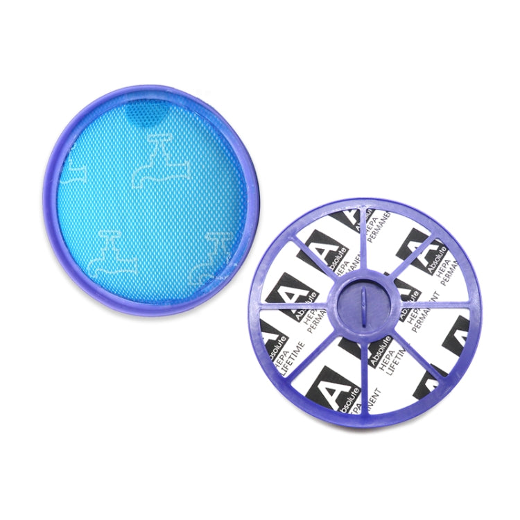 Set of two circular vacuum filters: blue mesh pre-filter and purple HEPA outlet filter